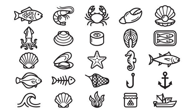 Set of seafood and marine life outline icons with shellfish starfish seahorse