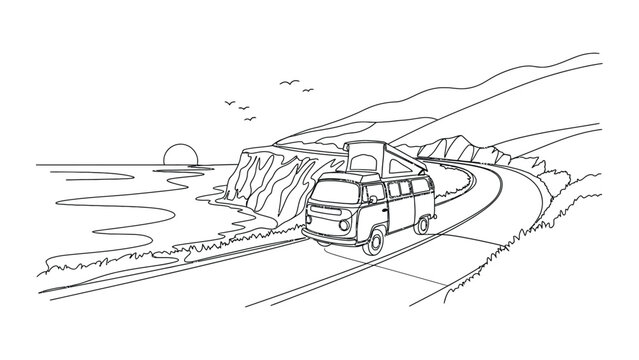 Vintage camper van driving along a coastal road line art illustration.