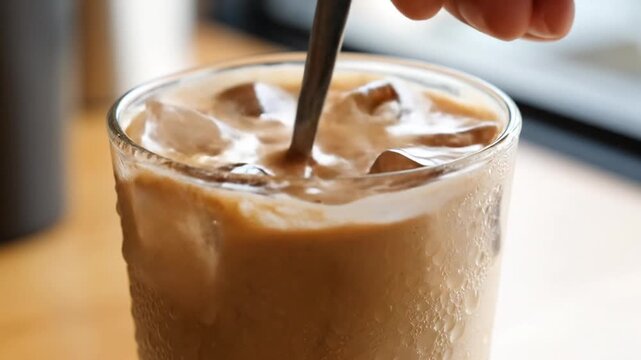 Close up of iced coffee drink with stirring spoon and ice cubes
