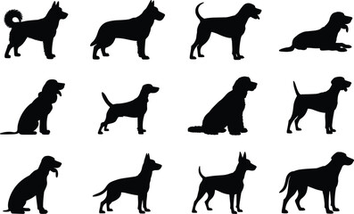 Dog silhouettes collection, black vector icons of different breeds, sitting, standing, lying down canine design for pet illustration © MOSTSHAHANAJ