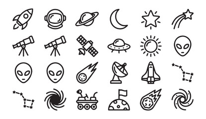 Space exploration and astronomy line icons with astronomy astronaut telescope © Vector Galaxy