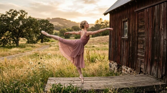 Ballerina gracefully dances in a field near an old wooden barn at sunset