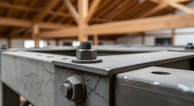 Detailed view of interconnected metal beams secured by heavy-duty bolts and nuts, highlighting the engineering and strength of industrial frameworks