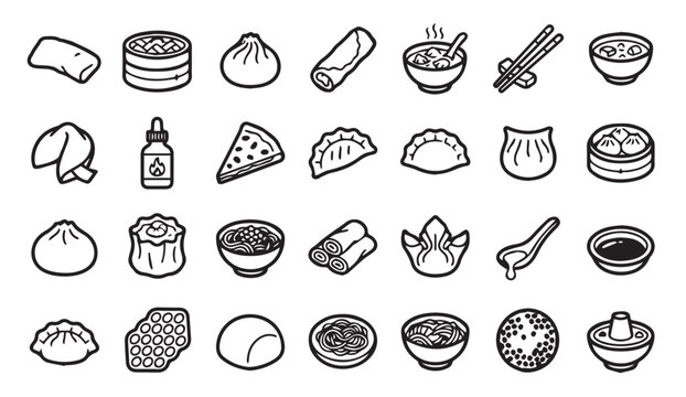 Traditional asian food and cuisine line icons with dumpling, chopsticks