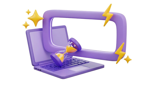 Purple laptop with floating hourglass and lightning bolts symbolizing fast processing hourglass lightning computer technology processing performance efficiency software business optimization