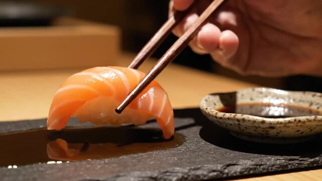 Salmon nigiri sushi being picked up with chopsticks in restaurant setting
