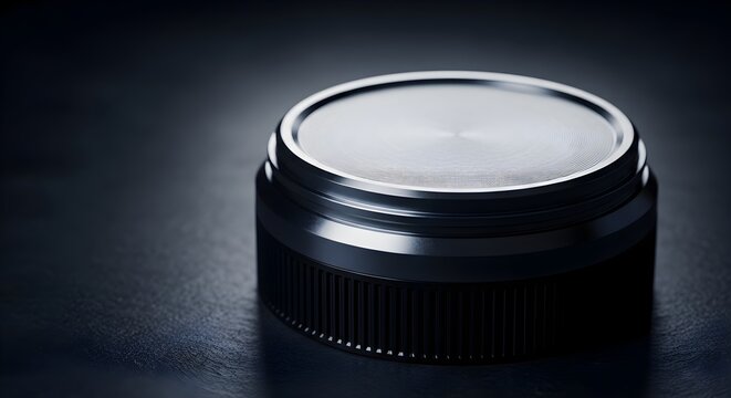Detailed view of a precisely crafted circular metal component, showcasing its smooth top and knurled perimeter under focused illumination