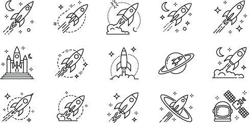 Space exploration icons set rockets planets astronauts and lunar landers silhouette isolated on transparent background © mdkamran
