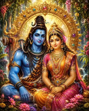 Divine shiva and parvati sitting together in lush floral garden with golden halo backdrop.