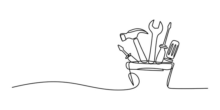 Continuous line drawing of a tool box filled with a hammer wrench and screwdrivers for home repair construction and diy maintenance projects Vector, illustration