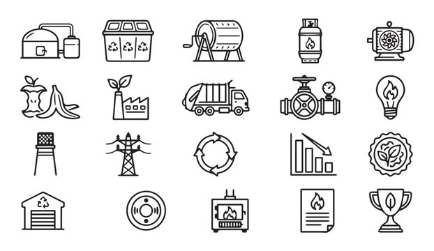 Industrial waste management and sustainable technology line icons with recycling