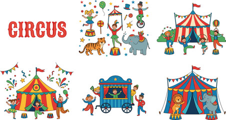 Set of Colorful Circus Vector Illustrations Featuring Tents, Performers, Clowns, Animals, Jugglers, and Carnival Activities for Fun, Entertainment, and Kids Projects © KP Studio