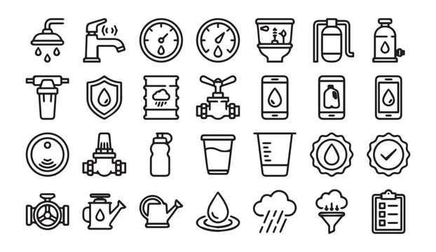 Comprehensive water supply and filtration line icon collection with filtration