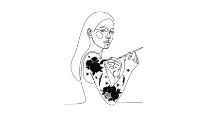 Obraz premium Minimalist continuous line art of a woman painting flowers on her arm.