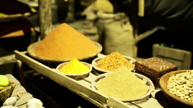 Sunlit spice mounds on market table, golden highlights reveal fine grains, beans and powdered blends arranged in bowls and sacks, inviting daytime street market