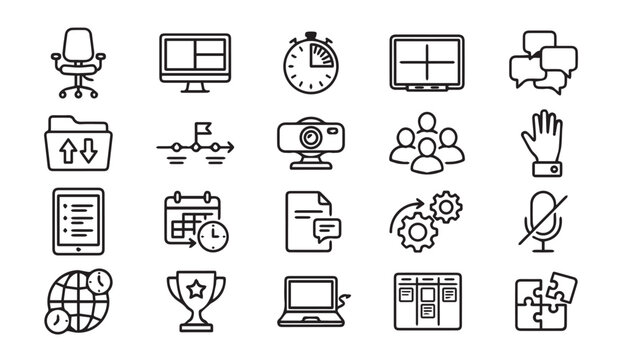 Office management and business meeting line icons with business, management