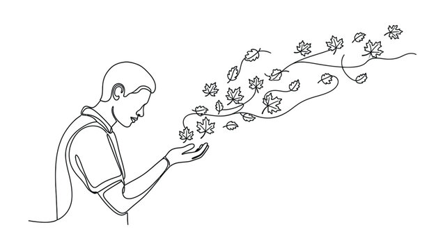 Continuous one line drawing of a man blowing autumn leaves.