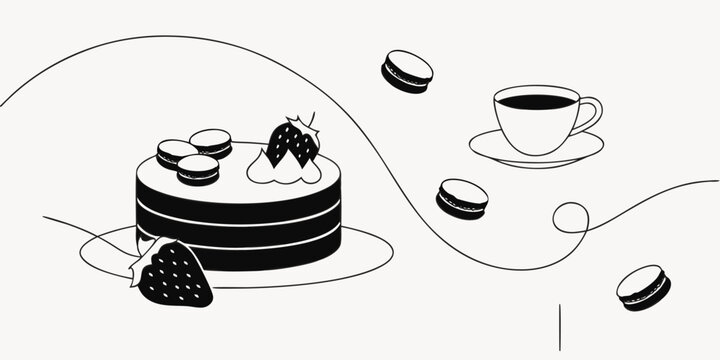 Abstract illustration with cake, macarons, strawberries, and coffee cup on white background for bakery design