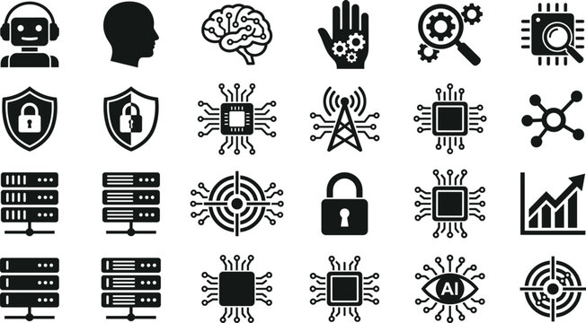 Artificial Intelligence Technology Icon Set Vector Illustration with Cyber Security Data Network and Digital Innovation Symbols Collection