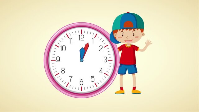 Child pointing at large colorful clock with waving hand in illustration style