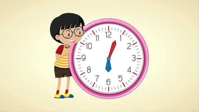 Boy pointing at large colorful clock with question marks and pencil hands on beige background
