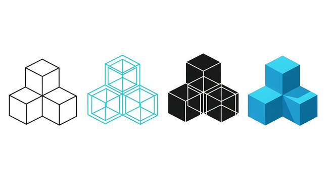 Set of four isometric cube designs in line art outline wireframe solid black blue styles with isometric geometry abstract structure technical minimalist composition