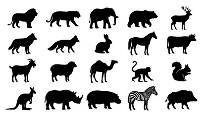 Wild and Domestic Animal Silhouette Icon Set Featuring Lion, Elephant, Bear, Wolf, Horse, and Zebra for Nature Conservation Graphics, Educational Materials, and Zoo Branding © MD