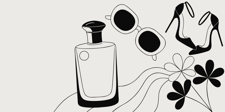 Minimalist fashion and beauty items with perfume bottle, sunglasses, heels, and flowers