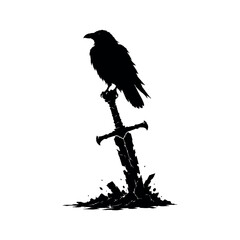Fototapeta premium Raven perched on a broken sword stuck in a pile of rubble silhouette