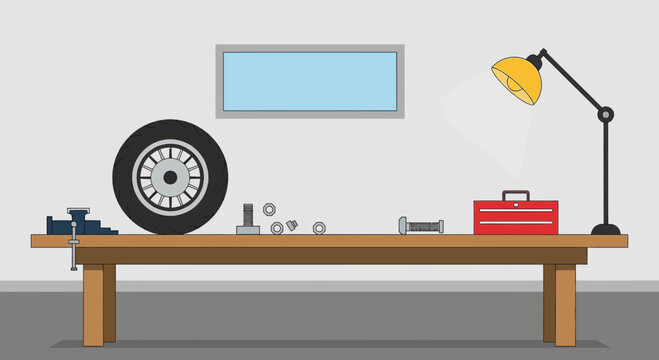Tire on workbench with tools.