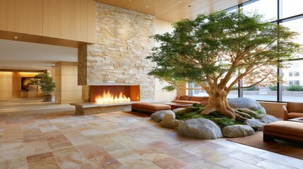 Fototapeta premium Modern lobby with a large indoor tree and a stone fireplace creates a natural ambiance