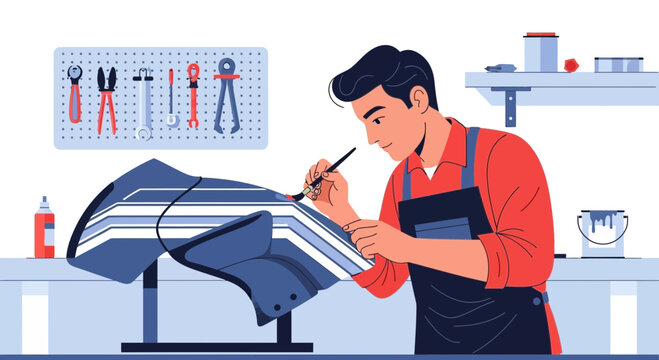 Man wearing black apron working.