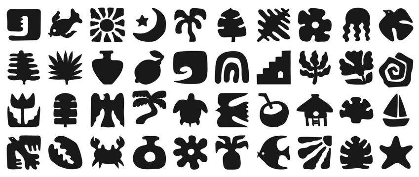 Retro 70s-inspired abstract summer icons. Set silhouettes includes waves, rainbow, marine animals, plants, and beach elements. Hand drawn design.