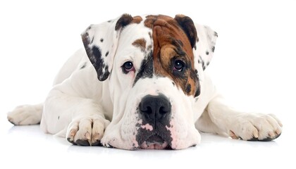 Obraz premium Large breed, white and brown coated canine reclines. One side of the face features brown and the other with black spots. Looking directly