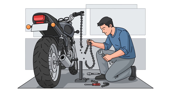 Man working on motorcycle in garage 3.