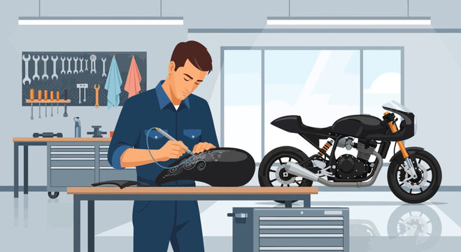 Man working on motorcycle in garage 4.