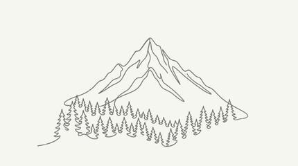 Minimalist continuous line art of a mountain peak with a pine forest. © caca