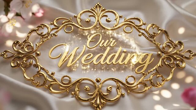 A shimmering golden decorative border gracefully encircles the words 'Our Wedding' amidst soft satin fabric and delicate floral accents, evoking romance and celebration for a special matrimonial