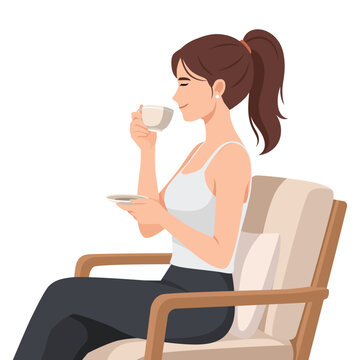 Relaxed Woman Sitting and Drinking Tea. Flat vector illustration isolated on white background