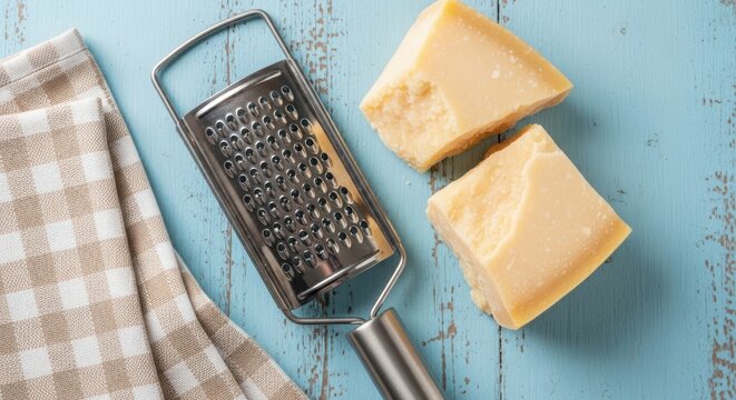 Parmesan cheese chunks with a metal grater and a checkered kitchen towel on a rustic light blue wooden background