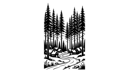 Black and white illustration of a pine forest with cabins and a winding path. © caca