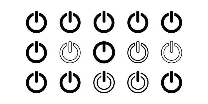 Set of black power button icons with various line styles for digital user interface design and technology applications showing on and off status Vector, illustration