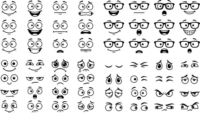 Set of Black and White Cartoon Facial Expression and Eye Vector Illustrations Showing Different Emotions and Reactions on White Background for Design