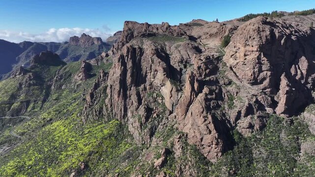 Aerial view of Cruz Grande and its surrounding rock formations, Gran Canaria, Canary Islands, Spain