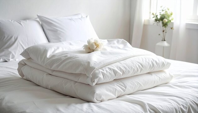 A cozy and minimalist bedroom interior with clean white bedding and soft morning light featuring a decorative flower on a folded duvet.