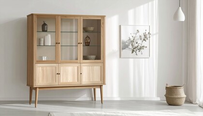 Fototapeta premium Modern wooden display cabinet with glass doors standing in a bright minimalist living room interior with home decor and woven floor basket.