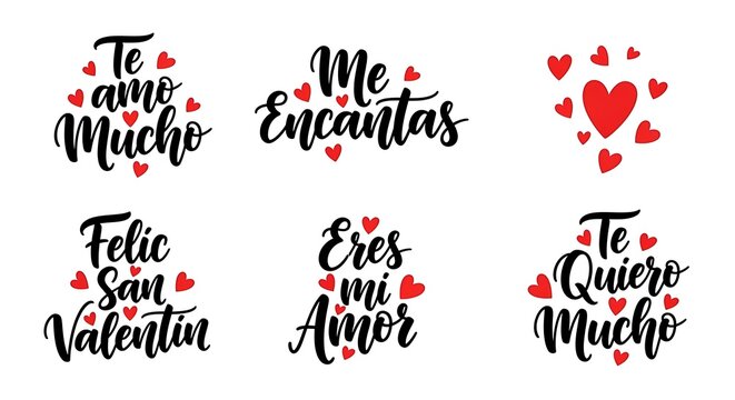 Spanish valentine's day typography collection with hearts