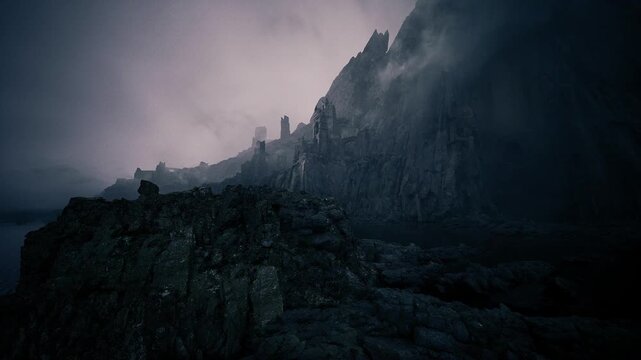Misty rampart panorama at dusk, layered rock terraces and broken walls receding into haze, soft violet sky and textured foreground stones, cinematic composition