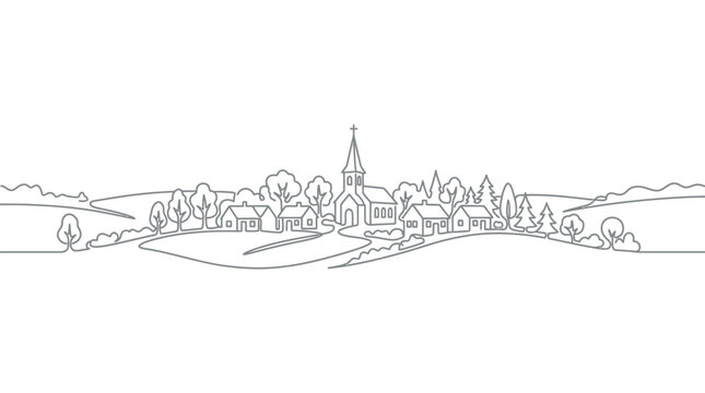 Minimalist continuous line drawing of a charming small village with a church spire.