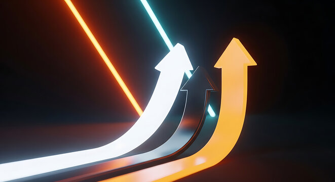 Three neon colored glowing rising arrows representing business growth and success with business performance marketing development strategy progress achievement competitive corporate analysis